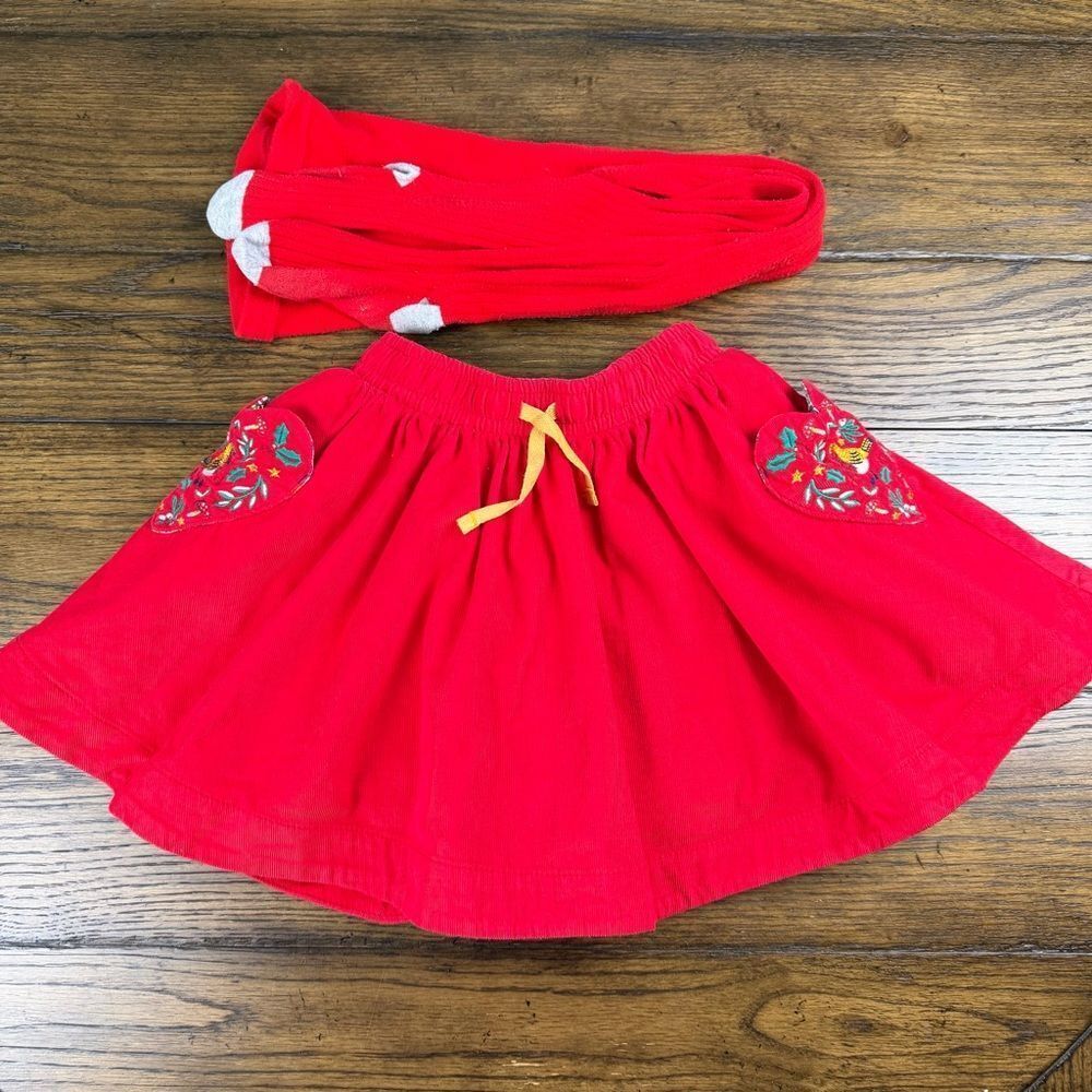 Mini Boden Red Cord Embroidered Pocket Skirt and Tights